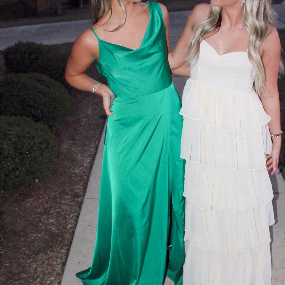 Cowl neck satin green slit dress